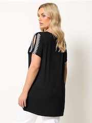 Yours Curve Black Embroidered Cold Shoulder Top - Image 3 of 5
