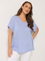 Yours Curve Blue Linen Look Grown On Sleeve T-Shirt - Image 1 of 4