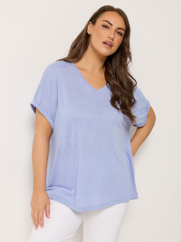 Yours Curve Blue Linen Look Grown On Sleeve T-Shirt - Image 1 of 4