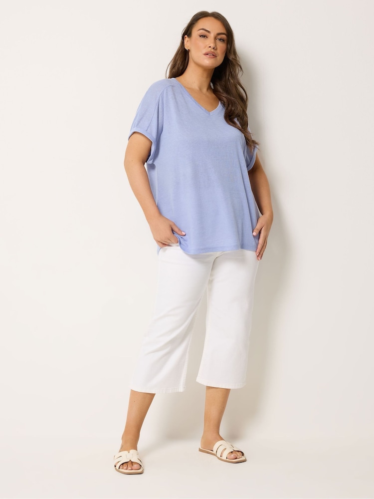 Yours Curve Blue Linen Look Grown On Sleeve T-Shirt - Image 2 of 4