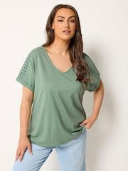 Yours Curve Green Lattice Grown On Sleeve Top - Image 1 of 5