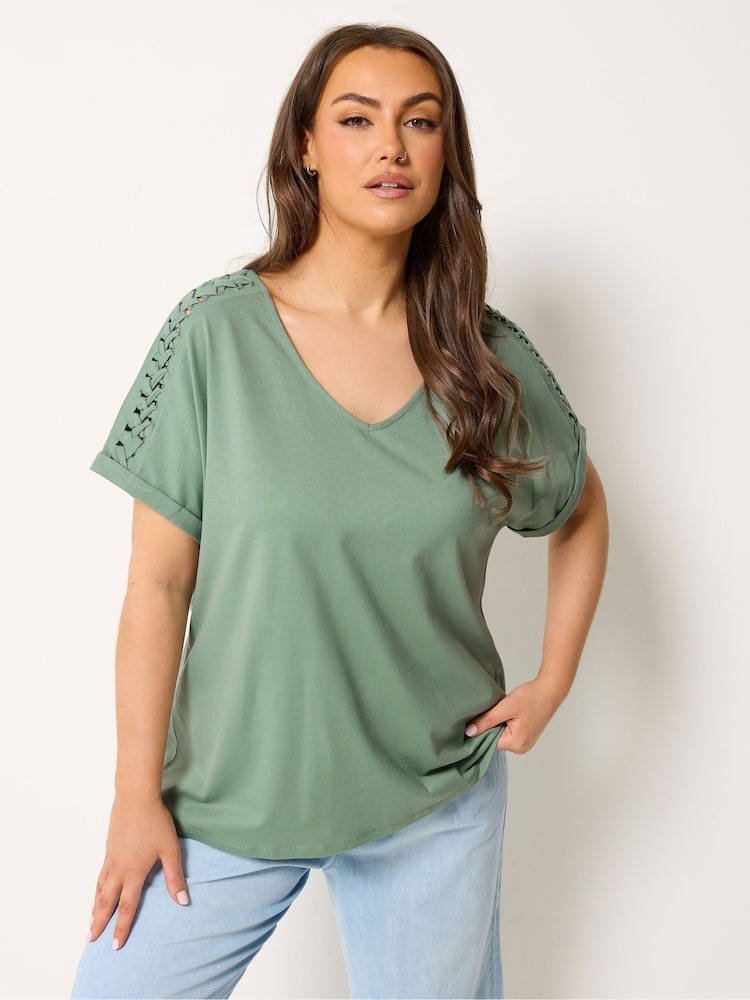 Yours Curve Green Lattice Grown On Sleeve Top - Image 1 of 5