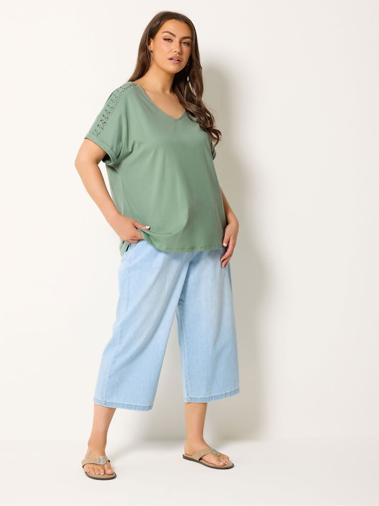 Yours Curve Green Lattice Grown On Sleeve Top - Image 2 of 5