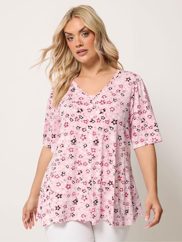 Yours Curve Pink Ditsy Pleated Swing Top - Image 1 of 5
