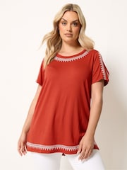 Yours Curve Orange Embroidered Cold Shoulder Top - Image 1 of 5