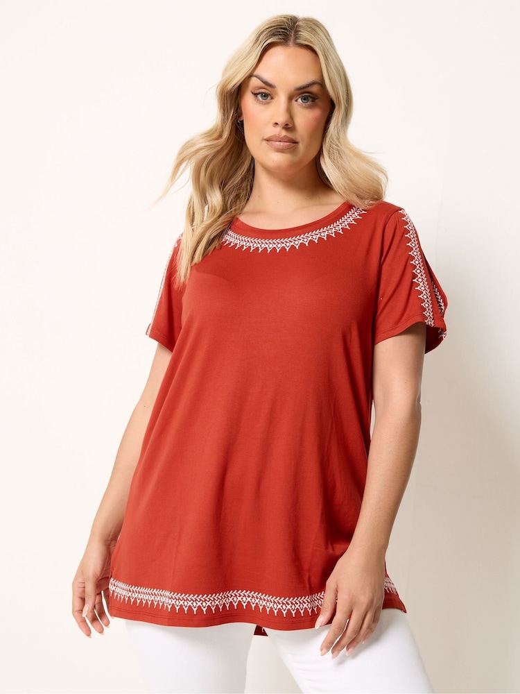 Yours Curve Orange Embroidered Cold Shoulder Top - Image 1 of 5