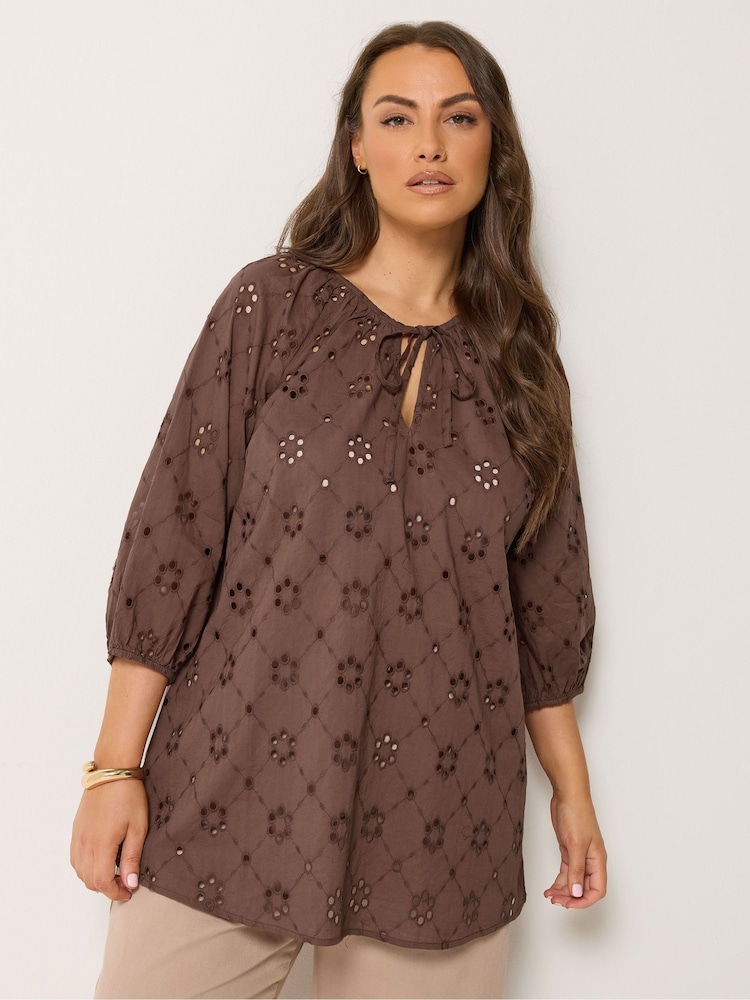 Yours Curve Brown Broderie Boho Top - Image 1 of 5 Yours Curve Brown Broderie Boho Top - Image 1 of 5