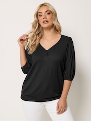 Yours Curve Black Button Detail Puff Sleeve Top - Image 1 of 5
