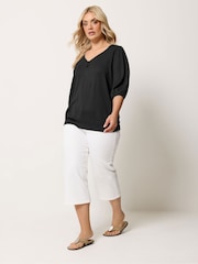Yours Curve Black Button Detail Puff Sleeve Top - Image 2 of 5