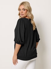 Yours Curve Black Button Detail Puff Sleeve Top - Image 3 of 5