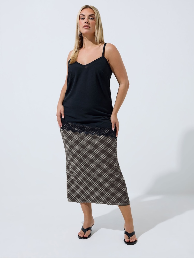 Yours Curve Brown Limited Check Mesh Fishtail Skirt - Image 1 of 5 Yours Curve Brown Limited Check Mesh Fishtail Skirt - Image 1 of 5