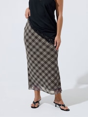 Yours Curve Brown Limited Check Mesh Fishtail Skirt - Image 2 of 5
