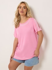 Yours Curve Pink Embroidered Detail T-Shirt - Image 1 of 5