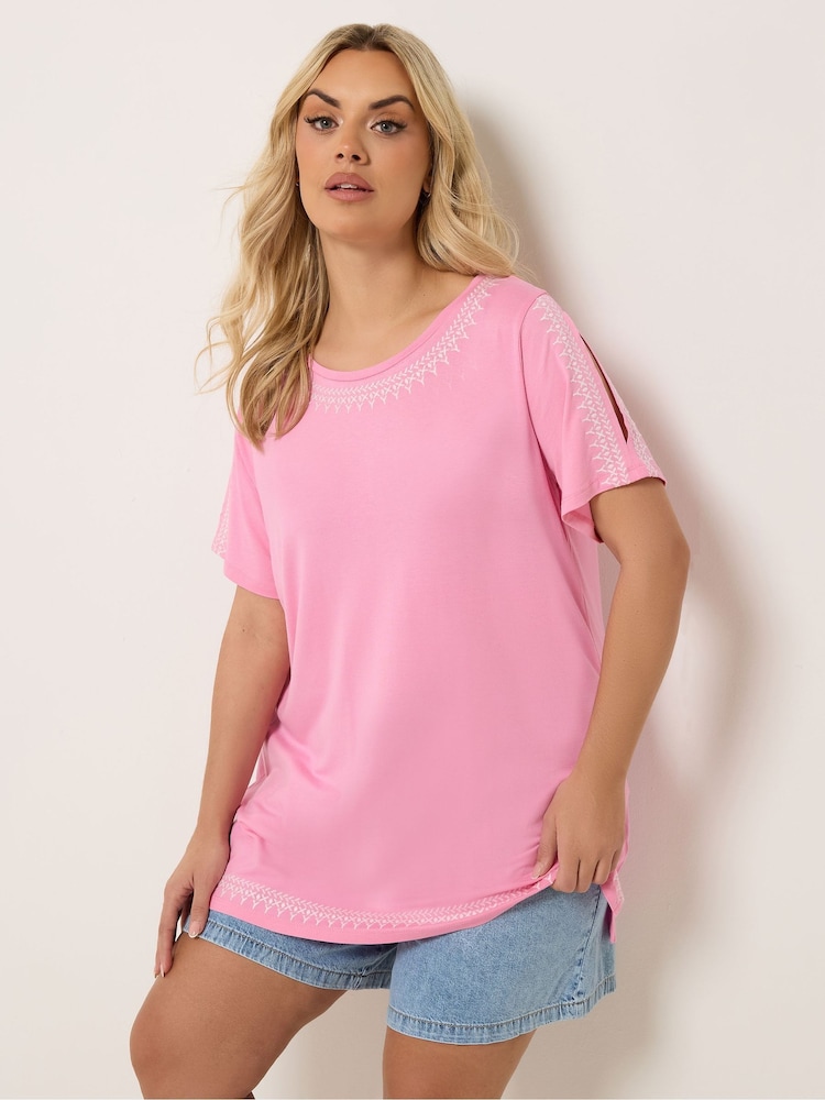 Yours Curve Pink Embroidered Detail T-Shirt - Image 1 of 5