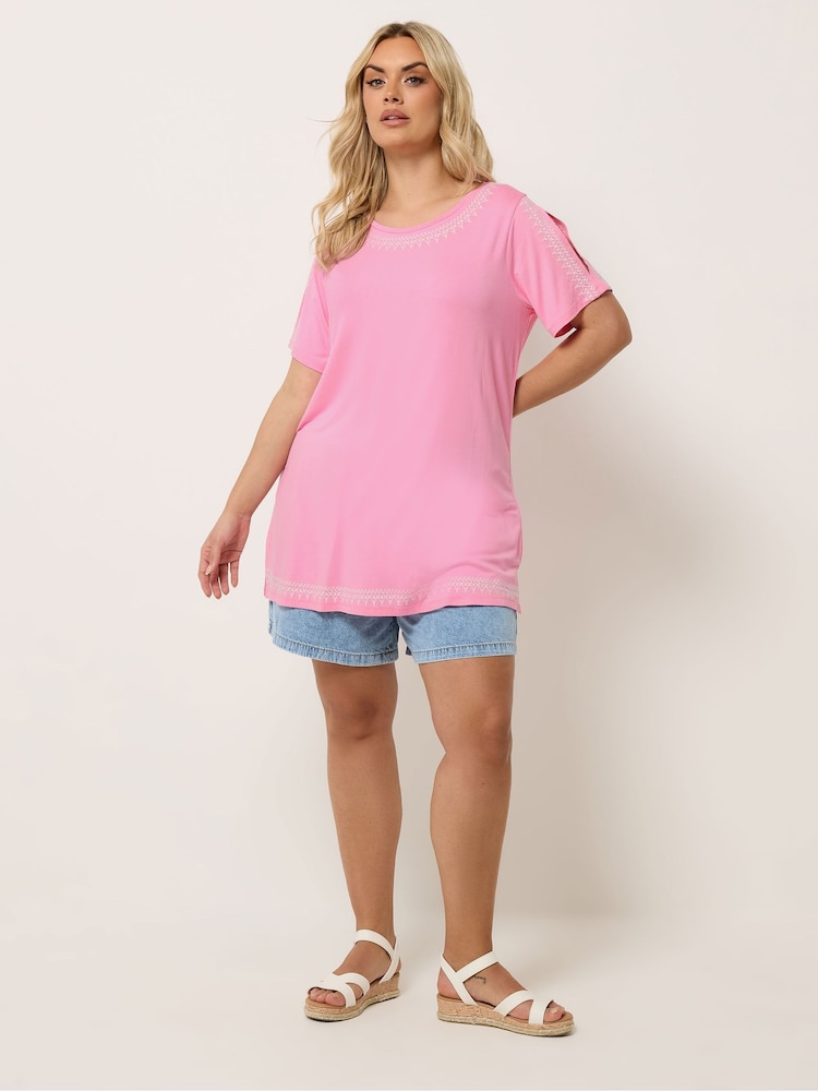 Yours Curve Pink Embroidered Detail T-Shirt - Image 2 of 5