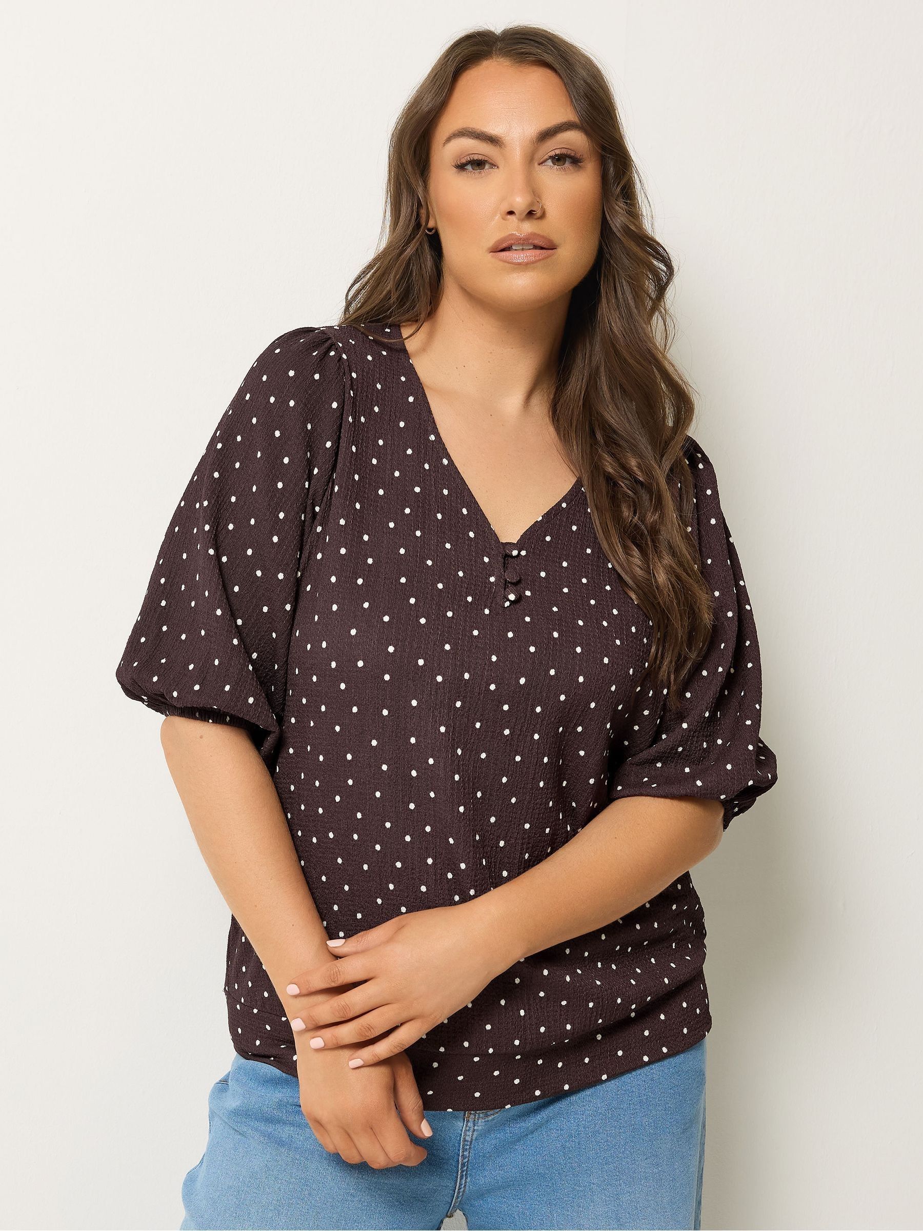 Yours Women's Chocolate Polka Dot Puff Sleeve Top In | Size: 30/32 - Image 1