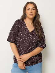 Yours Curve Brown Button Detail Puff Sleeve Top - Image 1 of 5
