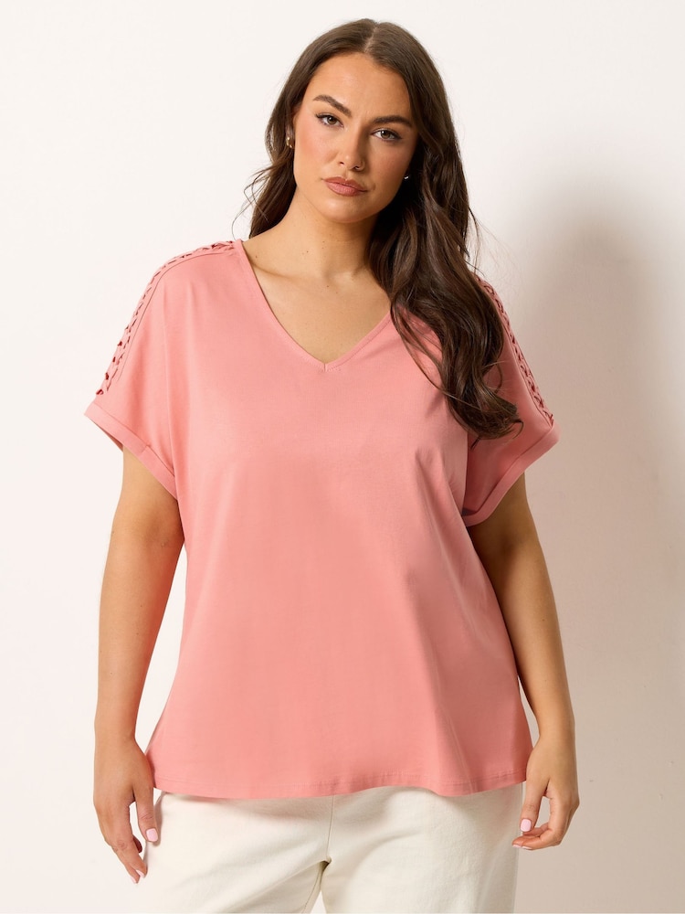 Yours Curve Pink Lattice Grown On Sleeve Top - Image 1 of 5