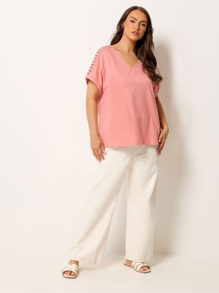 Yours Curve Pink Lattice Grown On Sleeve Top - Image 2 of 5