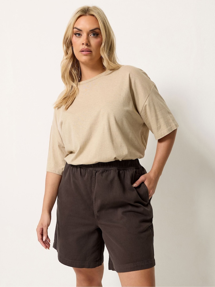 Yours Curve Brown Denim Shorts - Image 1 of 5 Yours Curve Brown Denim Shorts - Image 1 of 5