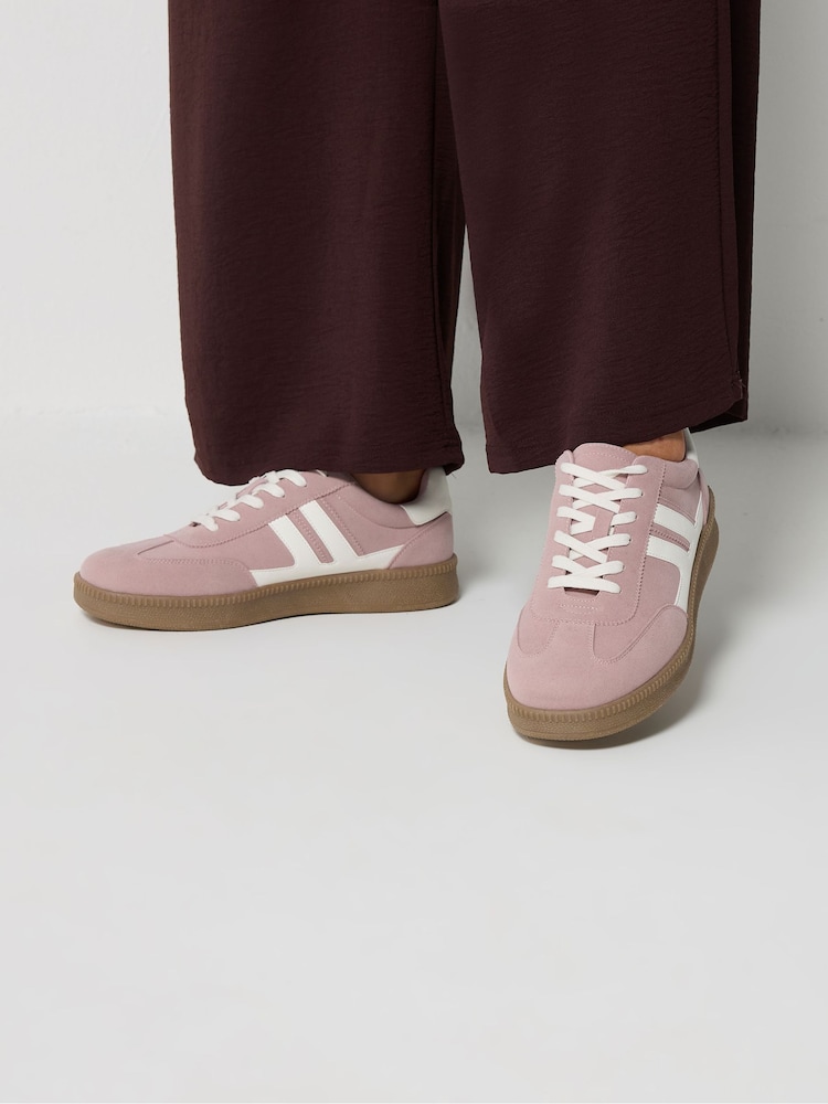 Yours Curve Pink E Wide Fit Side Stripe Lace Up Trainers - Image 1 of 1
