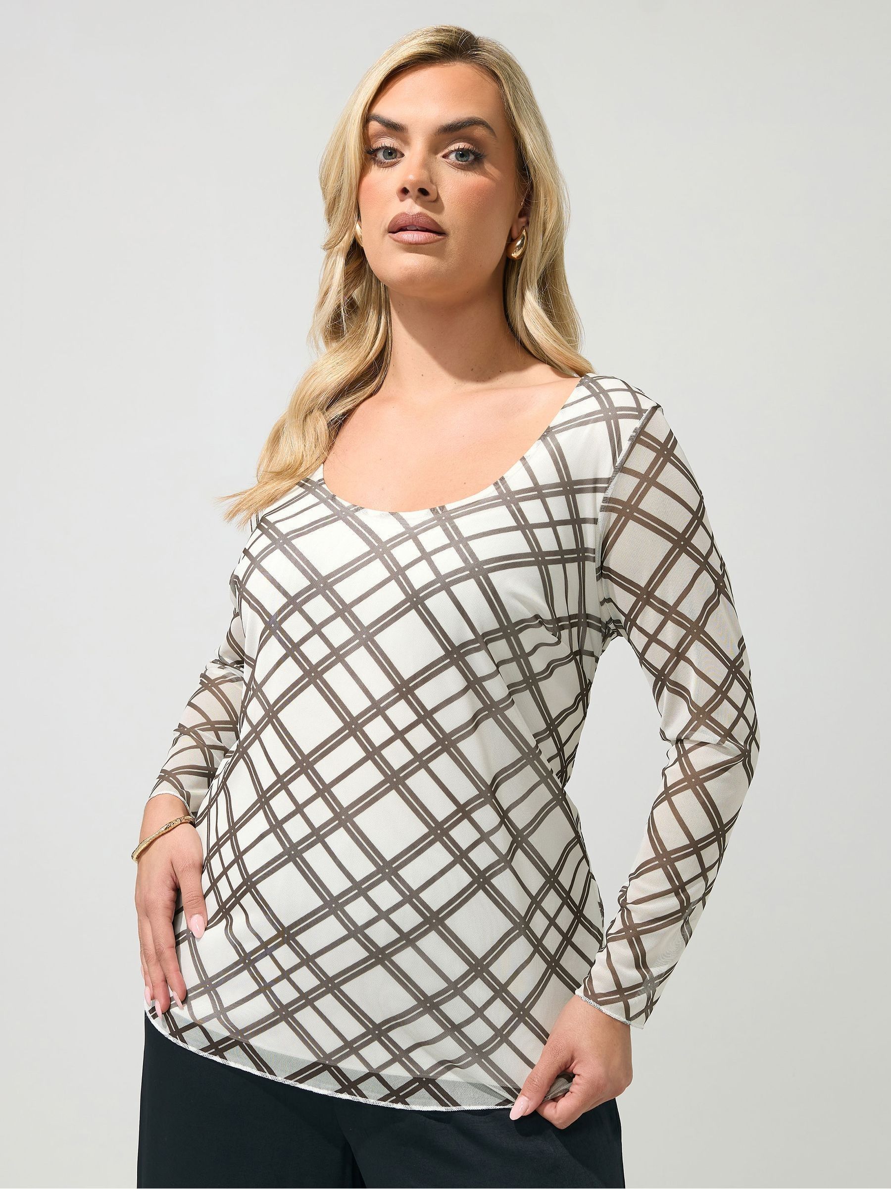 Yours Women's Ivory Check Long Sleeve Top In Size 26-28 - Image 5