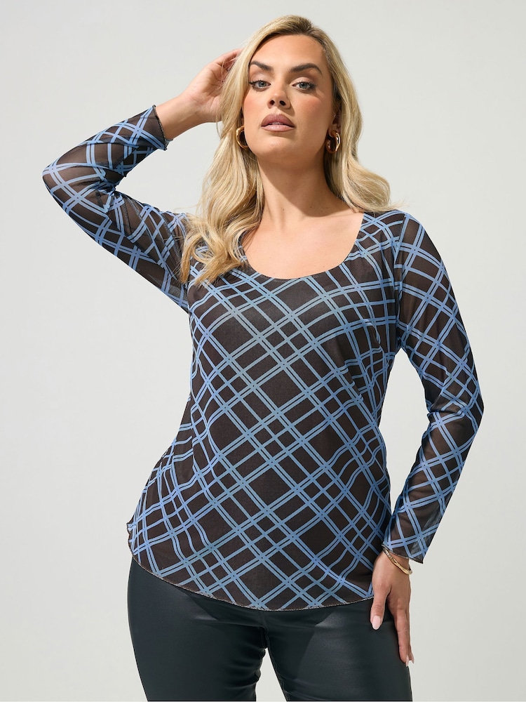 Yours Curve Blue/Black London Check Mesh Top - Image 1 of 6 Yours Curve Blue/Black London Check Mesh Top - Image 1 of 6