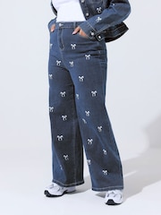 Yours Curve Blue Limited Bow Embroidered Wide Leg Jeans - Image 1 of 5