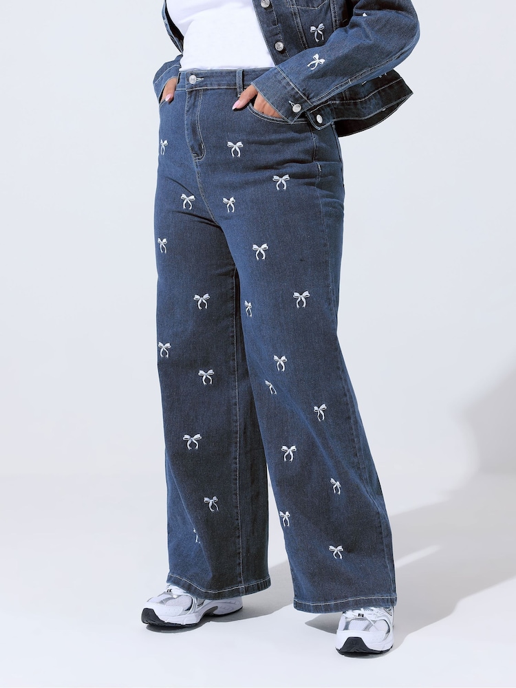 Yours Curve Blue Limited Bow Embroidered Wide Leg Jeans - Image 1 of 5