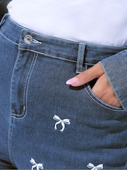 Yours Curve Blue Limited Bow Embroidered Wide Leg Jeans - Image 3 of 5
