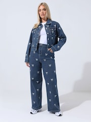 Yours Curve Blue Limited Bow Embroidered Wide Leg Jeans - Image 4 of 5