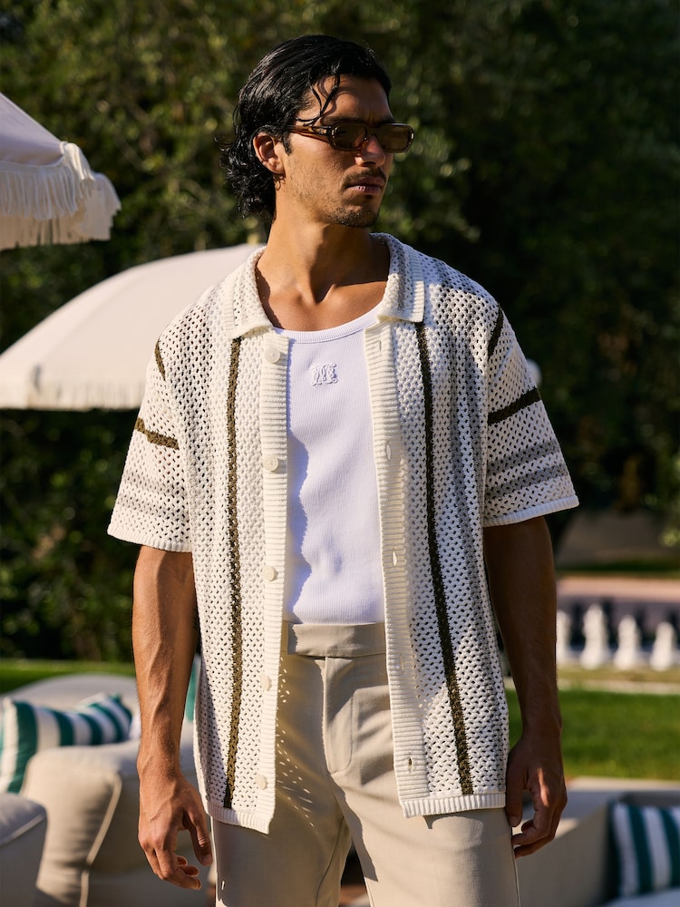 MAUVAIS Green Brisa Cotton Crochet Knit Stripe Shirt - Image 1 of 8 MAUVAIS Green Brisa Cotton Crochet Knit Stripe Shirt - Image 1 of 8