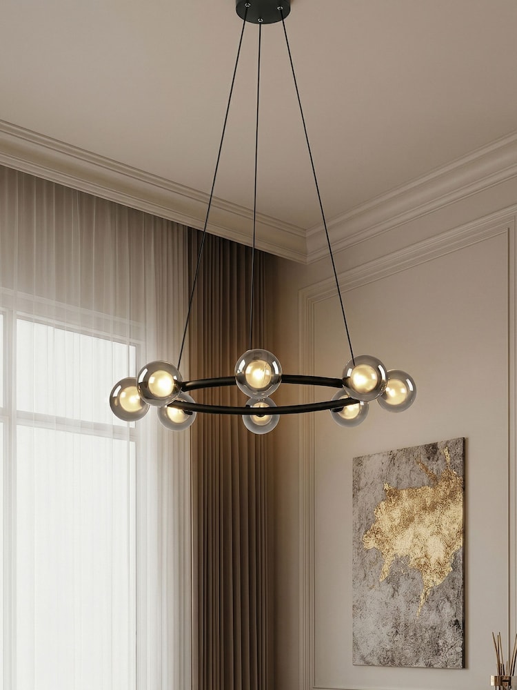 RUL LIGHTING Black Smoke Mako 8 Light Glass LED Round Pendant Ceiling Light - Image 1 of 4 RUL LIGHTING Black Smoke Mako 8 Light Glass LED Round Pendant Ceiling Light - Image 1 of 4