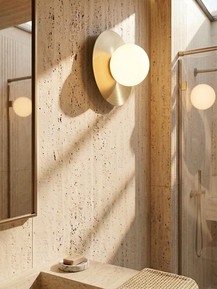 RUL LIGHTING Gold Mika Bathroom Metal & Glass Wall Light - Image 1 of 4 RUL LIGHTING Gold Mika Bathroom Metal & Glass Wall Light - Image 1 of 4