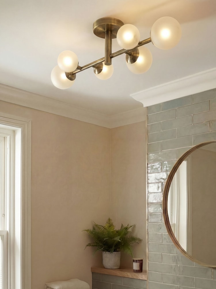 RUL LIGHTING Gold Isha 6 Light Bathroom Metal Glass Semi Flush Ceiling Light - Image 1 of 4 RUL LIGHTING Gold Isha 6 Light Bathroom Metal Glass Semi Flush Ceiling Light - Image 1 of 4