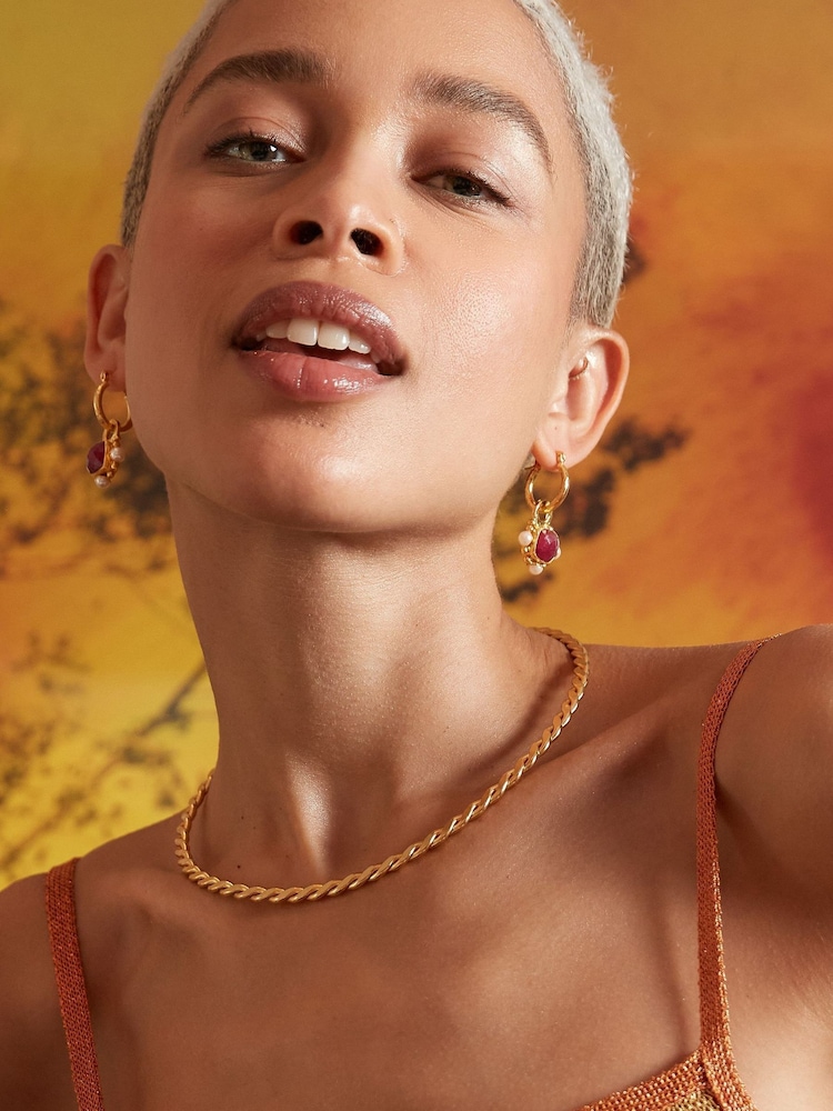 Ottoman Hands Gold Tone Esther Ruby and Pearl Drop Earrings - Image 2 of 2