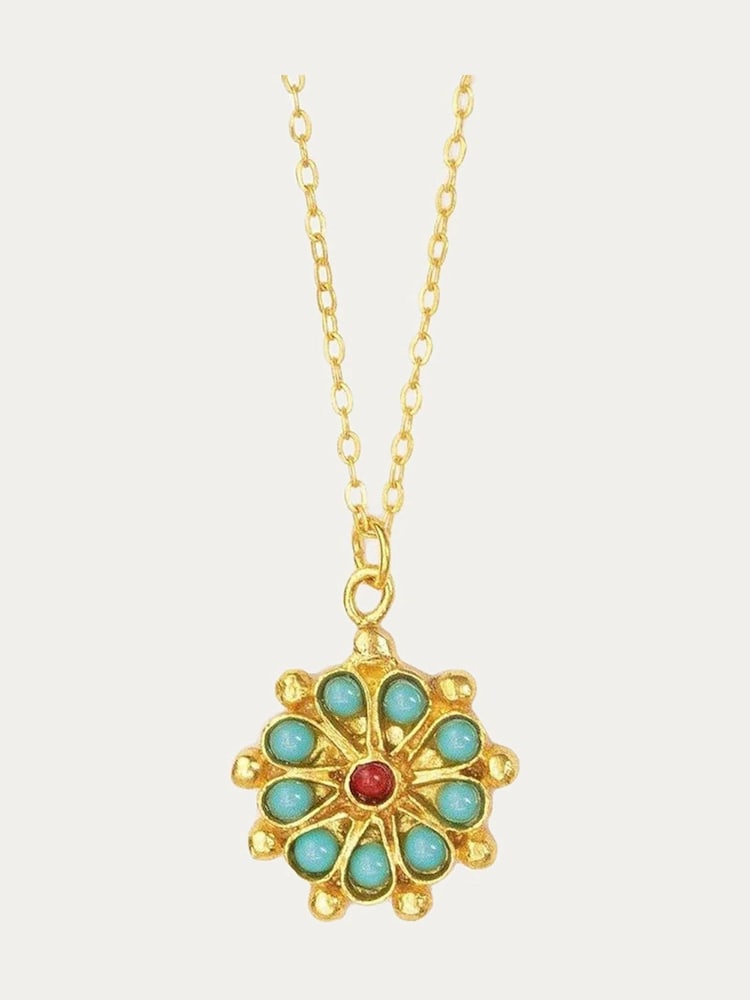 Ottoman Hands Gold Tone Marigold Turquoise and Red Agate Beaded Pendant Necklace - Image 1 of 4