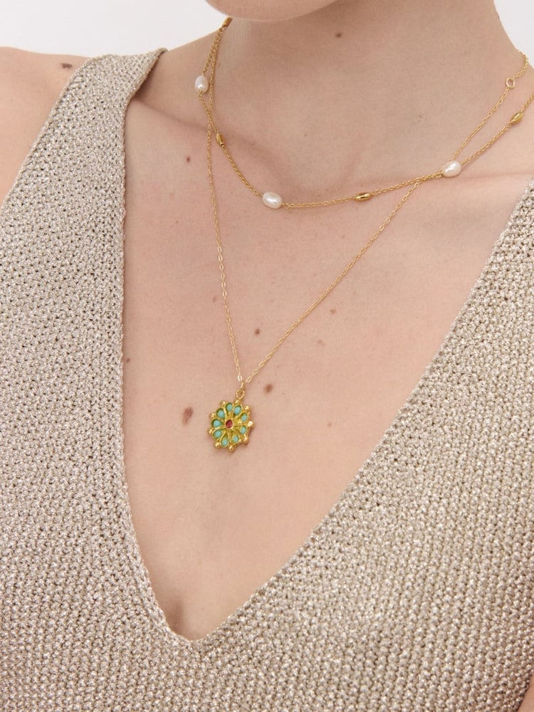 Ottoman Hands Gold Tone Marigold Turquoise and Red Agate Beaded Pendant Necklace - Image 4 of 4