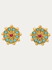 Ottoman Hands Gold Tone Marigold Turquoise and Red Agate Beaded Stud Earrings - Image 1 of 4