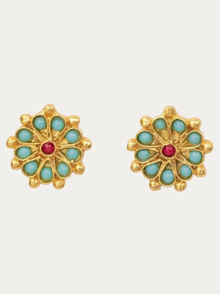 Ottoman Hands Gold Tone Marigold Turquoise and Red Agate Beaded Stud Earrings - Image 1 of 4
