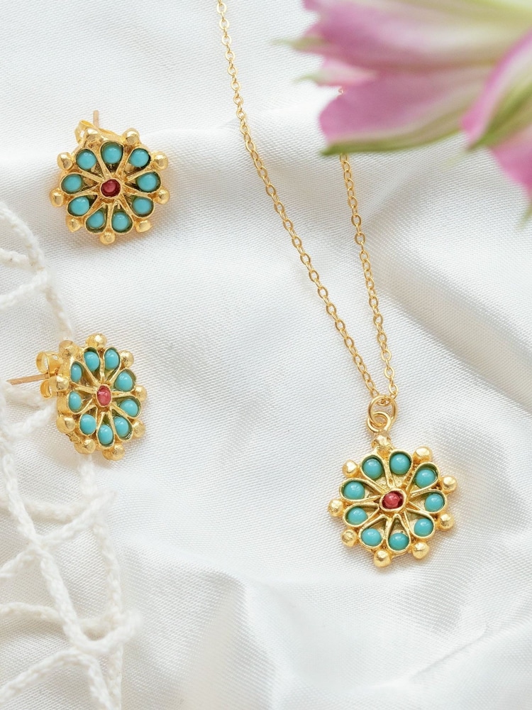 Ottoman Hands Gold Tone Marigold Turquoise and Red Agate Beaded Stud Earrings - Image 2 of 4