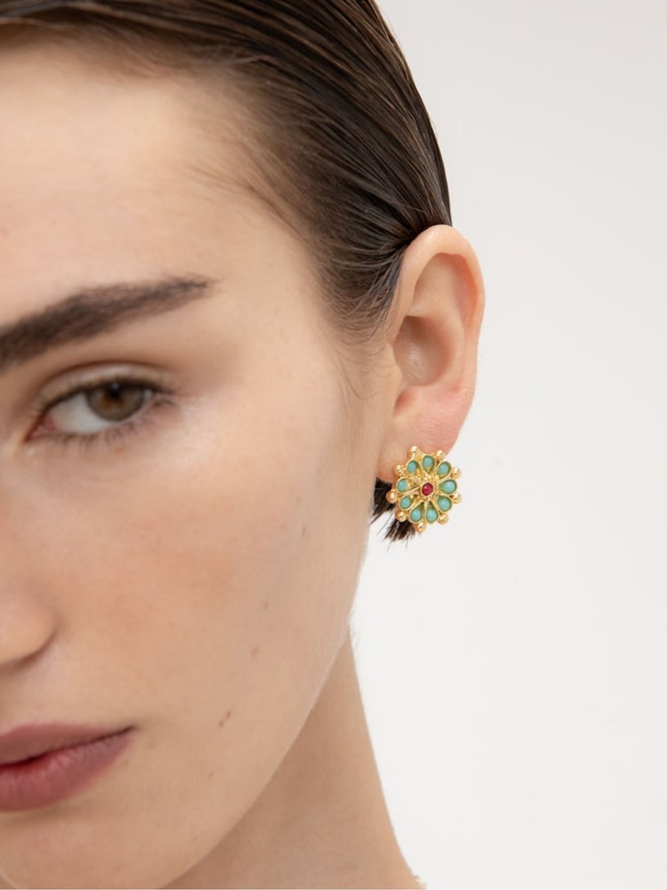 Ottoman Hands Gold Tone Marigold Turquoise and Red Agate Beaded Stud Earrings - Image 4 of 4