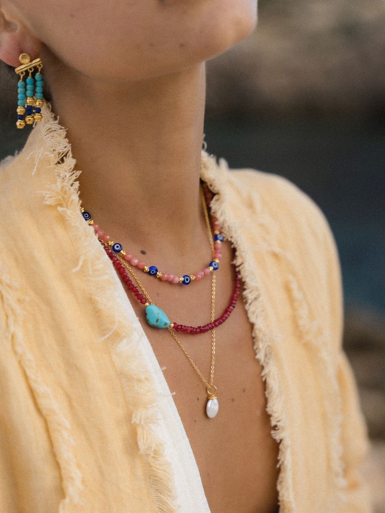 Tone Ottoman Hands Felice Red Jade and Turquoise Beaded Necklace - Image 2 of 2 Tone Ottoman Hands Felice Red Jade and Turquoise Beaded Necklace - Image 2 of 2