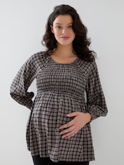 JoJo Maman Bébé Brown Gingham Long Sleeve Shirred Maternity Top - Image 1 of 4