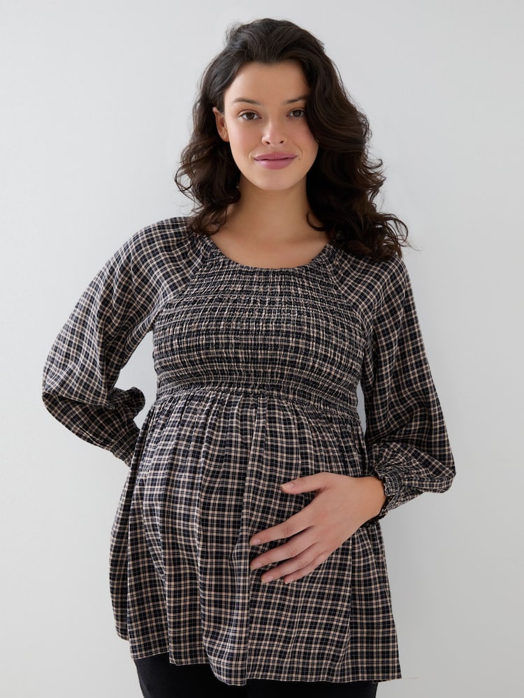 JoJo Maman Bébé Brown Gingham Long Sleeve Shirred Maternity Top - Image 1 of 4