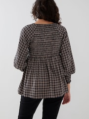 JoJo Maman Bébé Brown Gingham Long Sleeve Shirred Maternity Top - Image 2 of 4