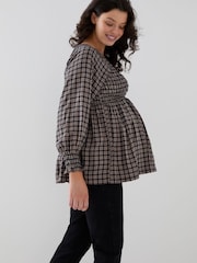 JoJo Maman Bébé Brown Gingham Long Sleeve Shirred Maternity Top - Image 3 of 4
