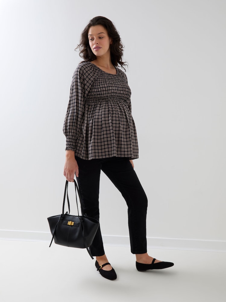 JoJo Maman Bébé Brown Gingham Long Sleeve Shirred Maternity Top - Image 4 of 4