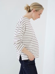 JoJo Maman Bébé Burgundy Stripe Long Sleeve Slash Neck Maternity T-Shirt - Image 1 of 5