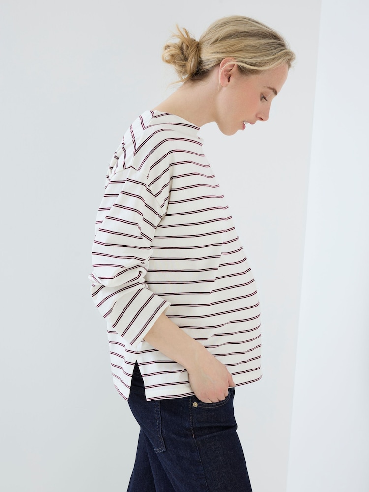 JoJo Maman Bébé Burgundy Stripe Long Sleeve Slash Neck Maternity T-Shirt - Image 1 of 5 JoJo Maman Bébé Burgundy Stripe Long Sleeve Slash Neck Maternity T-Shirt - Image 1 of 5
